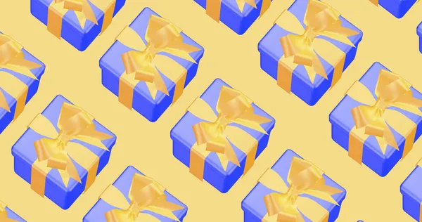 Шаблон Подарочных Коробок Синие Коробки Желтом Фоне Бесшовный Узор Ткани — стоковое фото