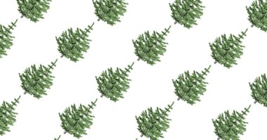 Beyaz arka planda hareket eden üç boyutlu Noel ağacı deseni. Tatil, doğa, kış, Noel. Kumaş ve kağıt ambalajı için kusursuz desen.