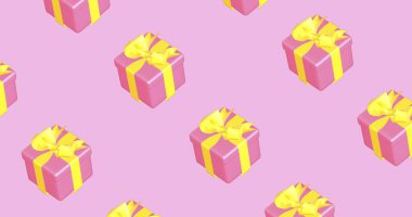 Hediye kutularının deseni, mor arkaplandaki kırmızı kutular, kumaş için 3D görüntüsüz desen, kağıt ambalaj.