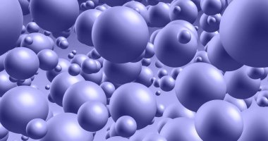 Soyut leylak 17-3938 Çok Peri arkaplanı ve dinamik 3 boyutlu küreler. Leylak arkaplanda leylak topları. Modern moda afiş ya da poster tasarımı. 3B resim, boşluğu kopyala.