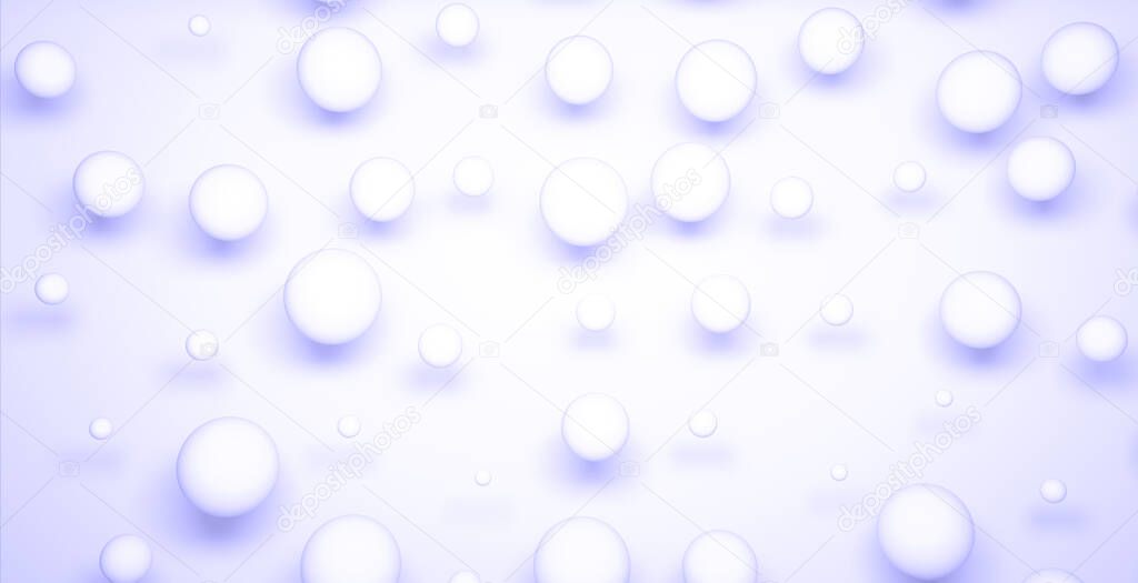 Abstract lilac 17-3938 Very Peri background with dynamic 3d spheres. lilac balls on a lilac background. Modern trendy banner or poster design. 3D image, copy space.