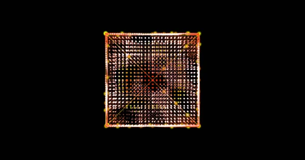 元抽象技术橙色正方形背景由动画线条和点、粒子组成。混合模式 — 图库照片