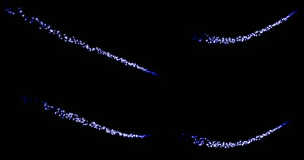 Blå snöflingor rör sig längs en slät linje på en svart bakgrund 3D. vinter, snöflinga, semester snöflingor. mall för redigering. blandningsläge — Stockfoto