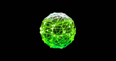 Çizgiler, noktalar ve parçacıklardan oluşan metaevren teknolojisi yeşil küre arka planı. Harmanlama kipi