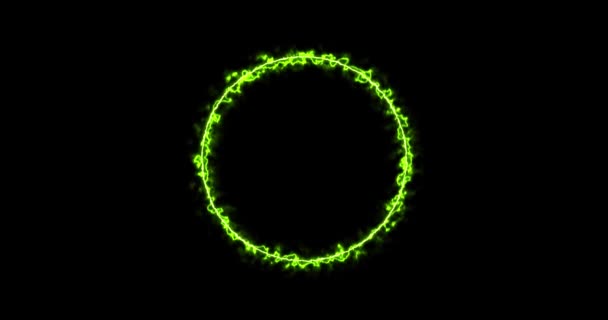 แหวนสีเหลืองของฟ้าผ่า พลังงานนีออนพื้นหลังสีดํา วงกลมพลังงานนามธรรมที่มีการปล่อยฟ้าผ่า ค่อยๆแหวนสีเหลืองปรากฏขึ้นและเรืองแสงคงที่ในวงกลม 4k . — วีดีโอสต็อก