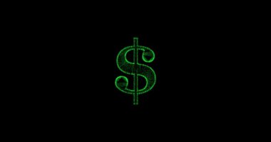 Siyah ekran arkaplanındaki parçacıklardan yapılmış 3D dolar işaretinin meta hareketi, 3D canlandırma, Amerikan dolarından canlandırma.