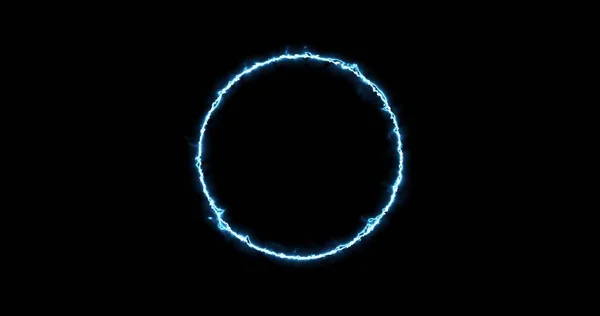 蓝色霓虹灯环闪电 能量在黑色背景上 摘要具有避雷针放电的能量循环 渐渐地 一个蓝色的戒指出现了 并且在这个圆圈里不断地发光 — 图库照片