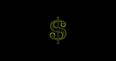 Siyah ekran arkaplanındaki parçacıklardan yapılmış 3D dolar işaretinin meta hareketi, 3D canlandırma, Amerikan dolarından canlandırma.