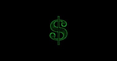 Siyah ekran arkaplanındaki parçacıklardan yapılmış 3D dolar işaretinin meta hareketi, 3D canlandırma, Amerikan dolarından canlandırma.