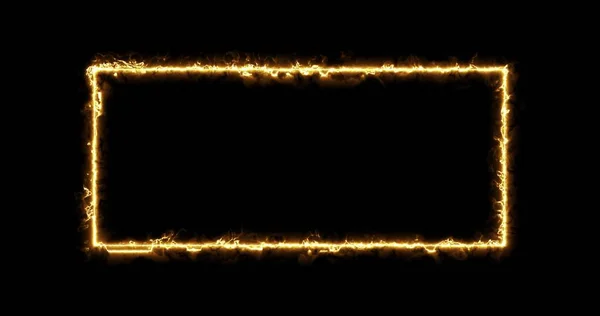 Вогняний жовтий червоний прямокутник на чорному тлі. Абстрактний прямокутник, рама сонячного полум'я. 3d зображення Поступово з'явився палаючий квадрат вогню і постійне горіння в прямокутнику — стокове фото