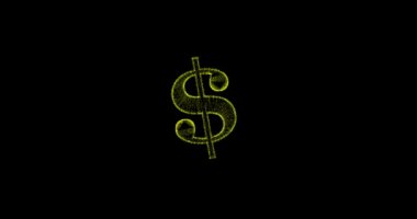 Siyah ekran arkaplanındaki parçacıklardan yapılmış 3D dolar işaretinin meta hareketi, 3D canlandırma, Amerikan dolarından canlandırma.