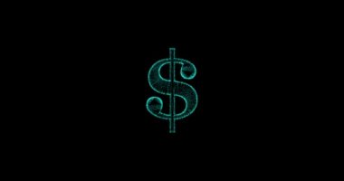 Siyah ekran arkaplanındaki parçacıklardan yapılmış 3D dolar işaretinin meta hareketi, 3D canlandırma, Amerikan dolarından canlandırma.