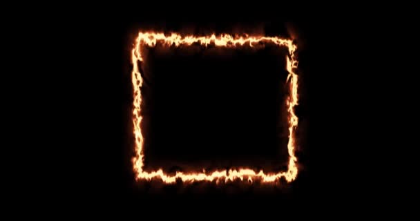 Ognisty żółty czerwony prostokąt na czarnym tle. Prostokąt abstrakcyjny, ramka płomienia słonecznego. Stopniowo pojawiał się płonący kwadrat ognia i stały płomień w prostokącie. Animowana grafika 4k, kreskówka — Wideo stockowe