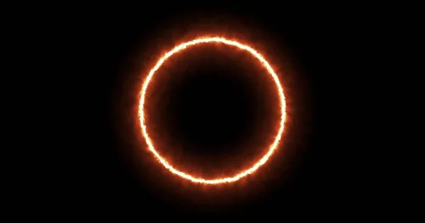 Ohnivě žlutý červený prsten na černém pozadí. Abstraktní kruh slunečního plamene. 3d obraz Hořící ohnivý kruh se postupně objevil a konstantní hoření v kruhu — Stock fotografie