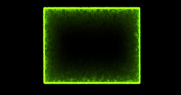 Rettangolo, cornice di energia, neon, fumo. rettangolo verde su sfondo nero. Gradualmente, apparve un quadrato di energia al neon e un tremolio costante nel rettangolo. animazione 4k, cartone animato — Video Stock