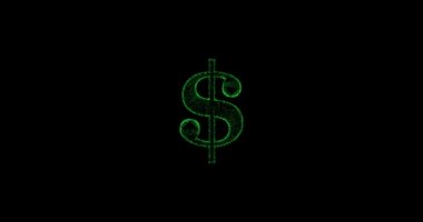Siyah ekran arkaplanındaki parçacıklardan yapılmış 3D dolar işaretinin meta hareketi, 3D canlandırma, Amerikan dolarından canlandırma.