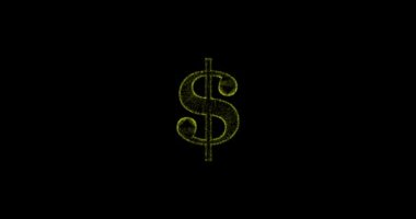 Siyah ekran arkaplanındaki parçacıklardan yapılmış 3D dolar işaretinin meta hareketi, 3D canlandırma, Amerikan dolarından canlandırma.