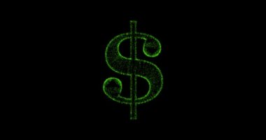 Siyah ekran arkaplanındaki parçacıklardan yapılmış 3D dolar işaretinin meta hareketi, 3D canlandırma, Amerikan dolarından canlandırma.