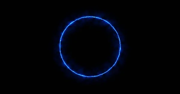 蓝色的闪电环，黑色背景上的能量霓虹灯。三维图像:带有闪电放电的抽象能量圈.渐渐地，一个蓝色的戒指出现了，并且在这个圆圈里不断地发光 — 图库照片