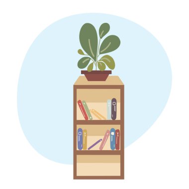 Kitaplık ve bitkilerin modern düz renkli tasviri. Ev dekorasyonu depolama kitaplığı rafı.