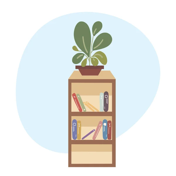 Kitaplık ve bitkilerin modern düz renkli tasviri. Ev dekorasyonu depolama kitaplığı rafı.