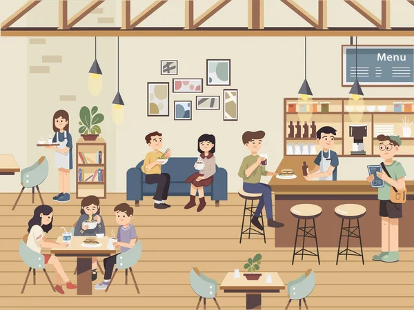 室内咖啡馆的场景与朋友和人们一起喝咖啡 在餐馆里有闲暇时间的人 熟食店精品餐厅与服务员和酒保 订购食物的顾客 — 图库矢量图片