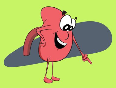 Dünya Böbrek Günü kutlama grafiği. Böbrek karakteri aşağıya bakıyor. Sağlıklı yaşam ve sağlıklı organlar vektör grafiği.