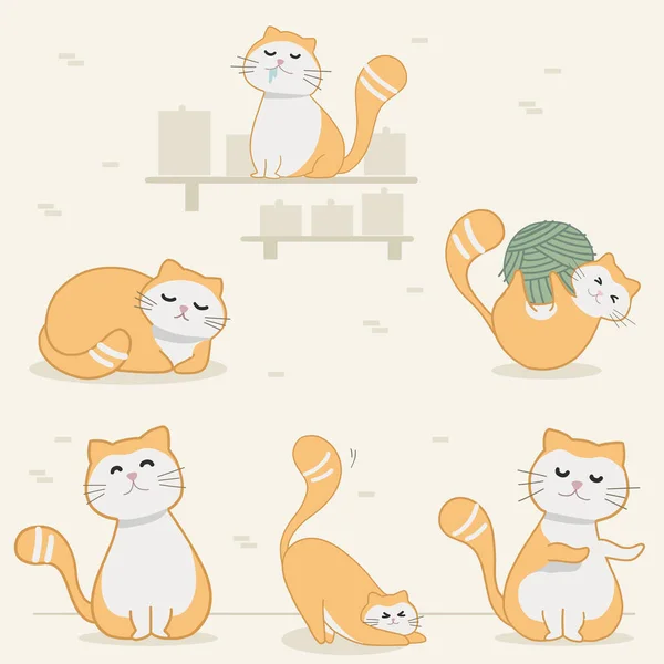 Kediler farklı pozisyonlarda oynayıp eğleniyorlar. Küçük kedicik mırıldanıp zıplıyor. Büyük kedi çizimleri..