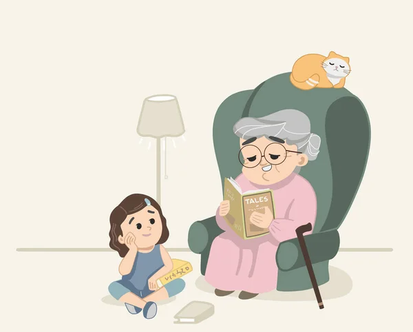 Бабушка Рассказывает Сказки Читает Сказки Милой Внучке Пока Кошка Спит — стоковый вектор