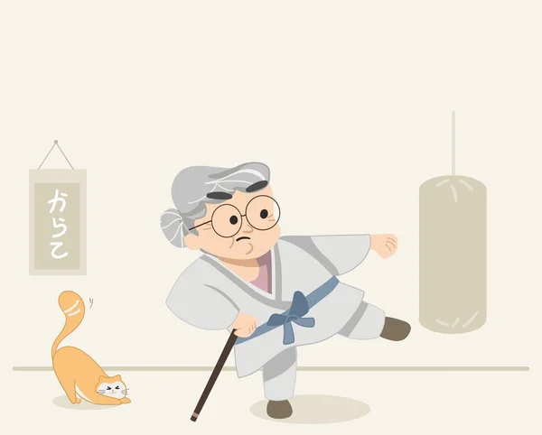 Funny Cute Granny Doing Karate Practice Granny Staying Fit Doing — Stock Vector