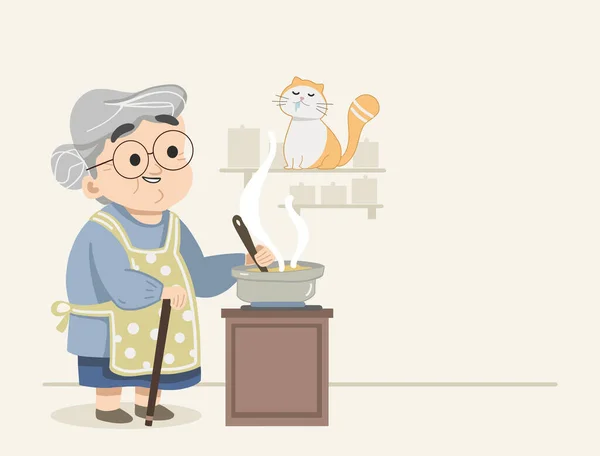Oma Kocht Fröhlich Futter Während Kätzchen Katze Über Ihr Futter — Stockvektor