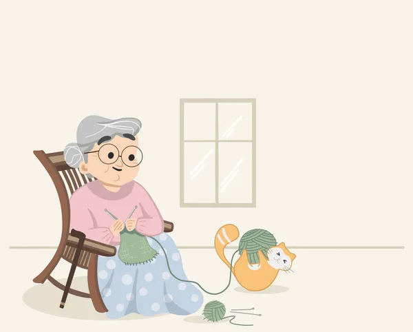 Kışın Yün Kazak Ören Büyükanne Kedi Ahşap Iplik Topuyla Oynarken — Stok Vektör