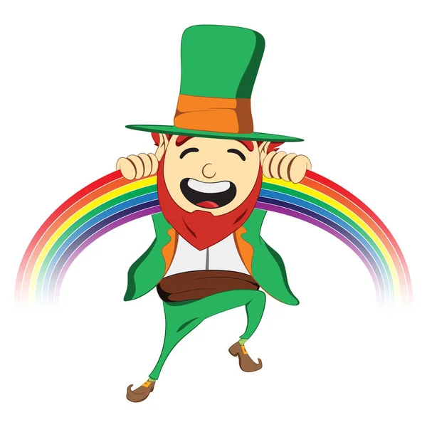 Saint Patricks Day Kabouter Karakter Lachen Spelen Met Rainbow Groene — Stockvector