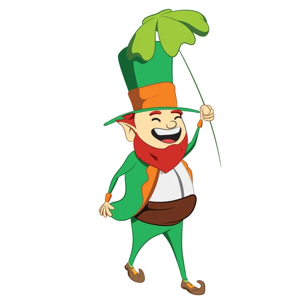 Día San Patricio Personaje Duende Sujetando Una Hoja Trébol Sobre — Vector de stock