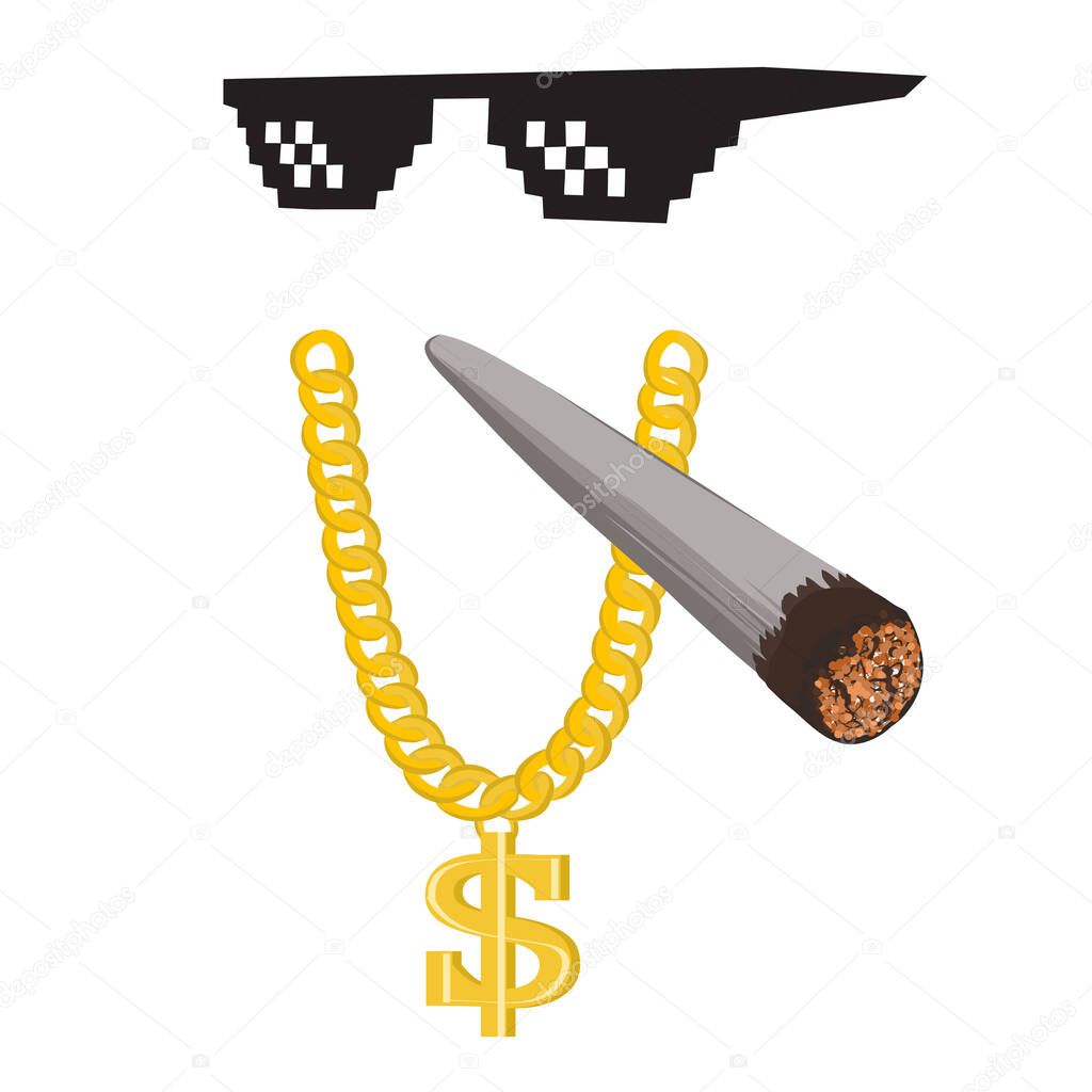 Thug Life Gangsta Bling Chain joint and glasses set. Big Dollar Sign Pendant and Gold Chain with lit marijuana cigarette and cool 2d pixel glasses. Thug Life Set.