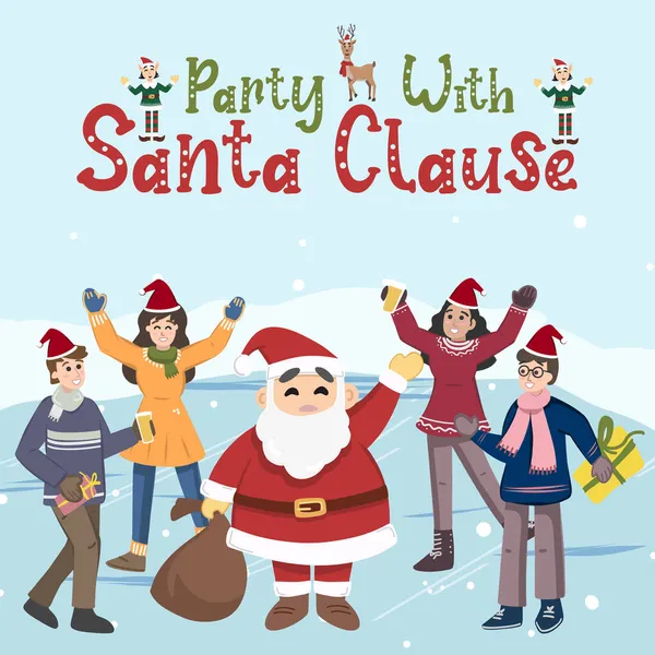 Noel Baba 'yla Noel partisi kutlaması. Bir grup erkek ve kız Noel Baba kostümü ve kıyafet giyip dans ediyorlar. Asgari modern düz vektör çizimi.