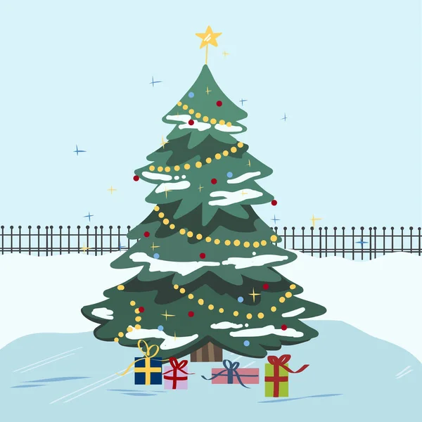 Hediye kutuları, yıldızlar, ışıklar, dekorasyon topları ve lambalarla süslenmiş Noel ağacı. Mutlu Noeller ve mutlu yıllar. Modern daireler biçim vektör çizimi.