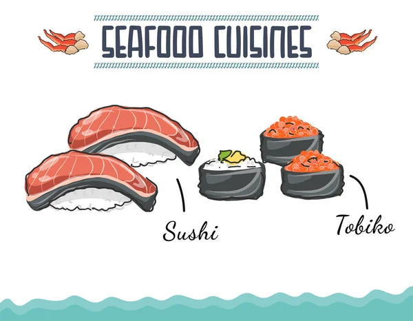 Doodled Style Seafood Cuisine Sushi Set Different Types Sushi Rolls — Stock vektor
