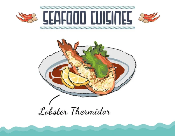 Doodle Canadian Maine Lobster Thermidor Lobster Thermidor Served Glazed Potato — Stock vektor