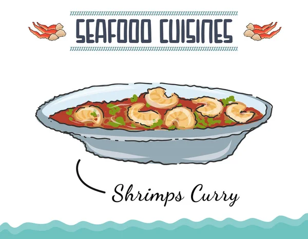 Camarones Doodled Curry Vector Cocina Mariscos Salmón Camarones Fritos Filete — Vector de stock