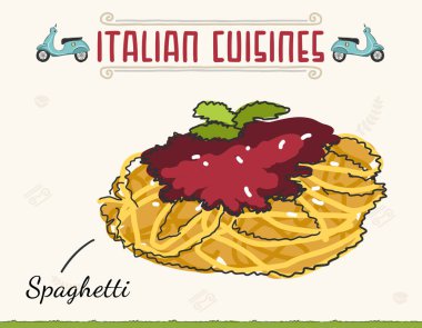 Doodle of spaghetti with tomato sauce. Classic pasta dish, isolated vector illustration. Spaghetti Bolognese isolated on white vector illustration. Minimal colored isolated vector illustration