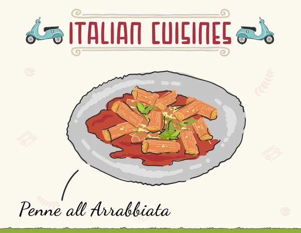 Penne All Arrabbiata Italian Pasta Spicy Tomato Sauce Minimal Colored — Vetor de Stock