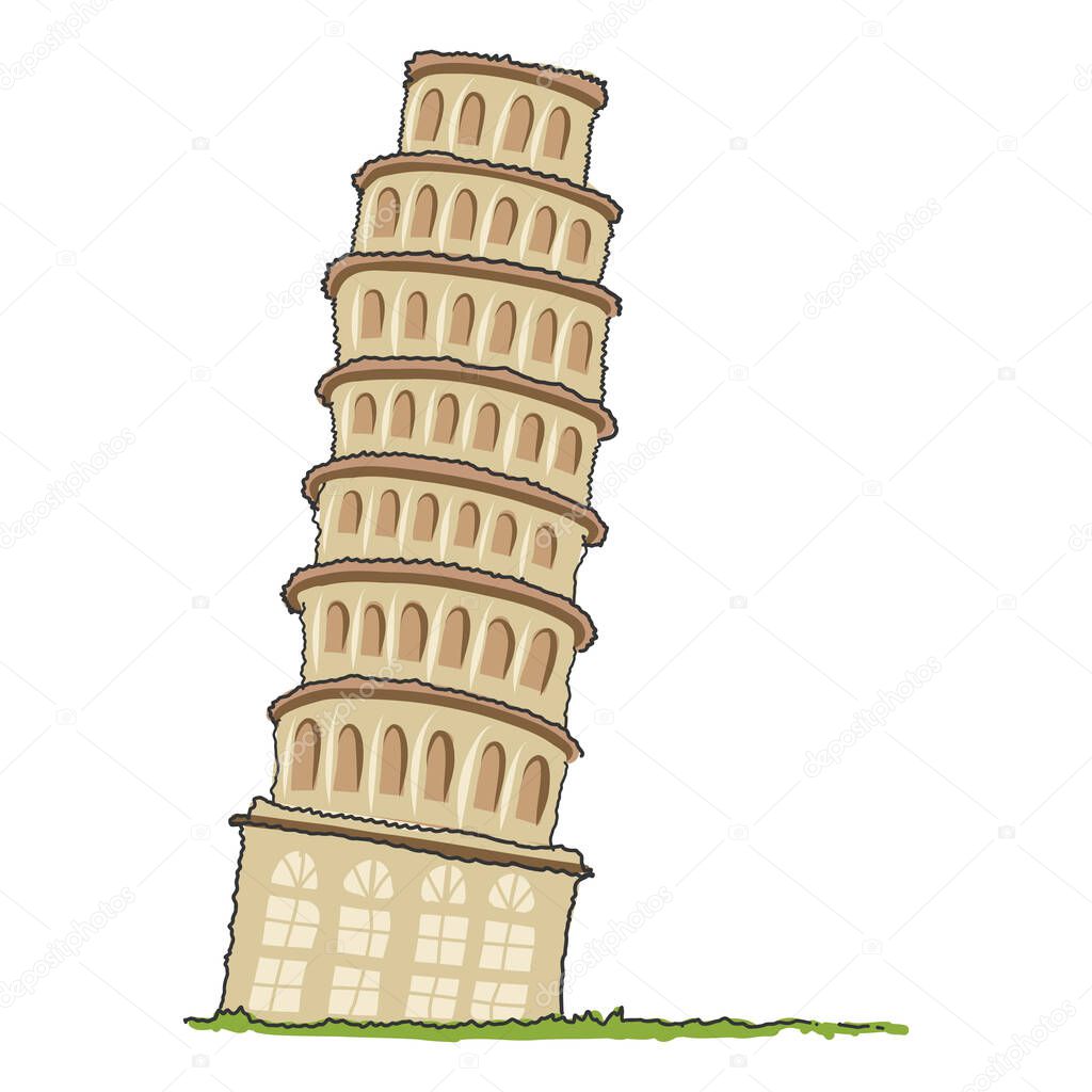 Pisa Tower doodle style vector illustration isolated small landscape with Leaning Tower of Pisa, green meadow. Famous Italy landmark. Flat vector design.