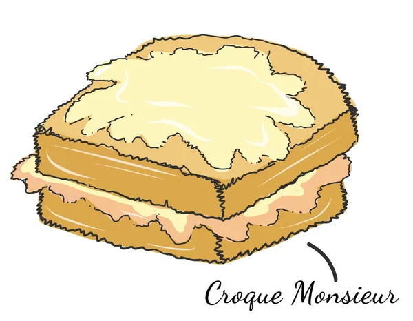 Croque Traditionnelle Monsieur Jambon Fromage Sandwich Illustration Gribouillis Alimentaire Français — Image vectorielle