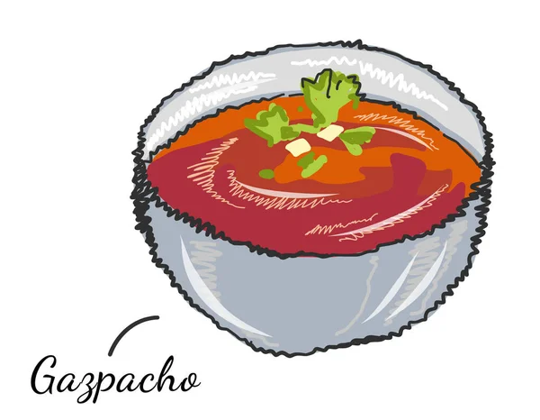 Prato Tradicional Gaspacho Sopa Legumes Tigela Composta Por Tomates Pimentas — Vetor de Stock