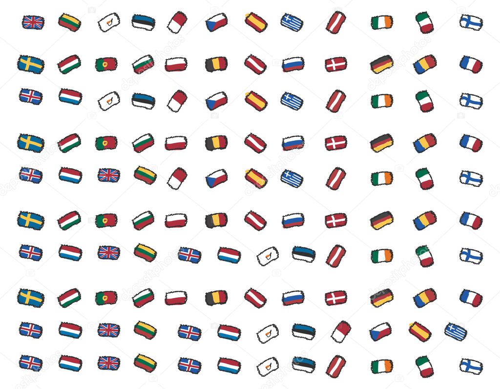 Seamless Pattern made from Flags of European Countries. France Italy Hungary Spain Belgium Germany Switzerland Turkey Austria Greece