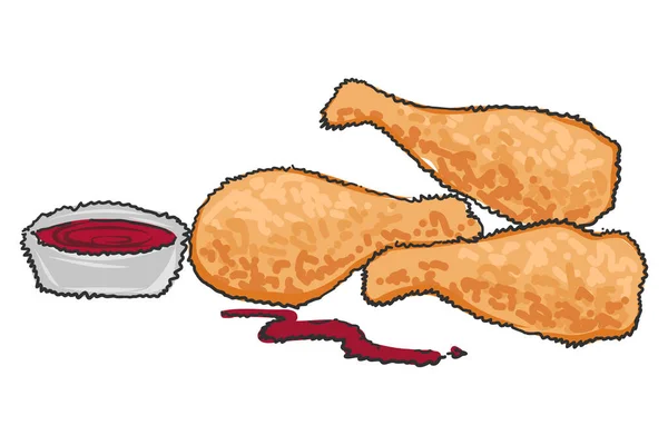 Croquis Dessiné Main Des Ailes Poulet Buffle Avec Trempette Ketchup — Image vectorielle