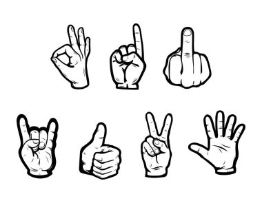 Bir dizi 7 el hareketi. Basit Taslak Simgeleri Doldurulamıyor. Zafer parmakları, orta parmak bir taş ve ok işareti..