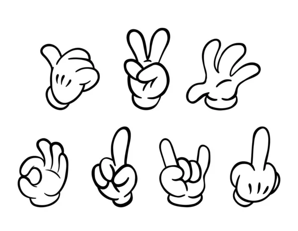 Çizgi roman tarzında 7 el hareketi. Zafer parmakları, orta parmak bir taş ve ok işareti..