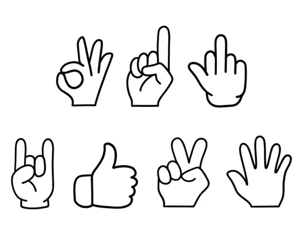 Set Hand Gestures Simple Outline Icons Thumbs Victory Palm Middle — Stock Vector